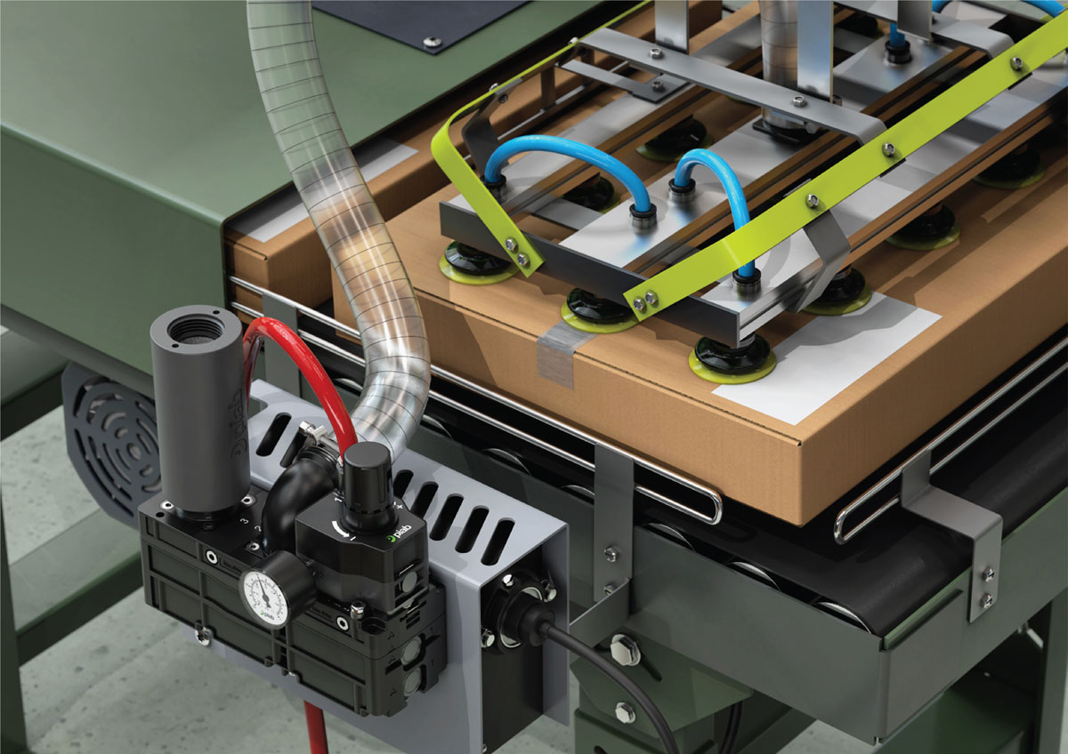 A photo of a Piab piCLASSIC Neo vacuum pump in use on a production line process.