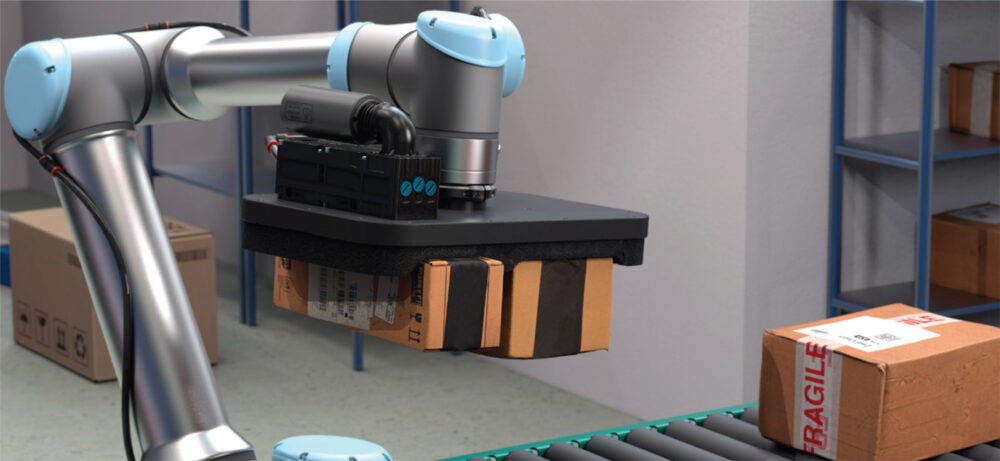 A photo of a Pneumatic Products installed Piab piClassic neo pump on an  EOAT (end of arm tool)